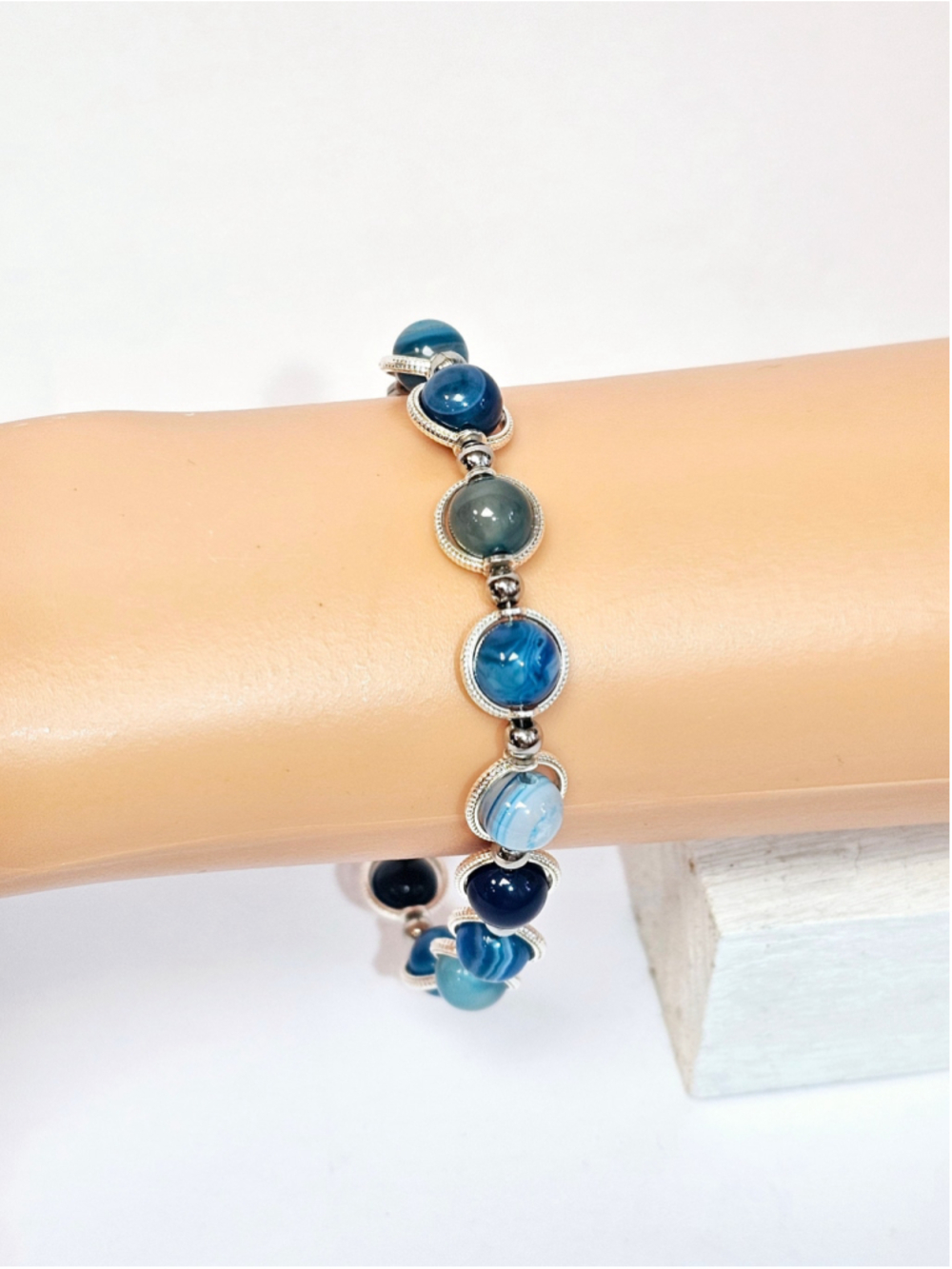 Kinetic Blue Lace Agate Bracelet | Handmade Articulated Gemstone Bracelet | 8.5"